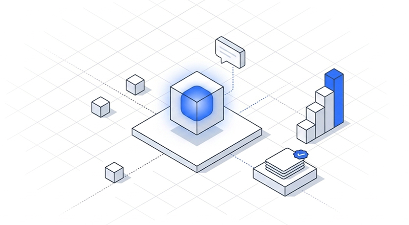 Isometric illustration: a glowing cube on a platform, linked to a chat bubble, a rising bar chart and a stack of approved documents